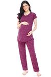 ZEYO Women's Cotton Heart Printed Plum Red Maternity & Feeding Night Suit Set Of Pajama Set 5327, X-Large