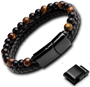 GENAC Bracelet Original Pour Hommes En Perles De Pierres Naturelles 6mm Et Cuir Véritable Avec Fermoir Magnétique Amovible En Acier Inoxydable Pour Régler Facilement La Longueur.