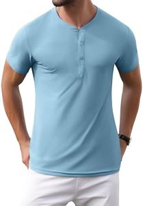 PEGENO Mens Fashion Henley Shirts Short Sleeve Casual Button Down Shirts for Men Blue XXL