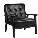 ALFORDSON Wooden Armchair with PU Leather Upholstery Cushion, Accent Chair with Solid Wood Frame Wooden Armrest, Lounge Sofa for Reading Bedroom Living Room, 180KG Capacity, Udele All Black