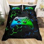 Boys Gamer Soft Reversible Duvet Cover,Kids Gaming Gamepad Bedding Set,Black Modern Geometric Hexagon Quilt Cover Gamer Video Game Controller,Decorative Game Room,Full Size(No Comforter Included)