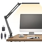 LED Desk Lamp, Swing arm Desk Light with clamp, 3 Lighting 10 Brightness Eye-Caring Modes, Reading Desk Lamps for Home Office 360° Spin with USB Adapter & Memory Function black-14W