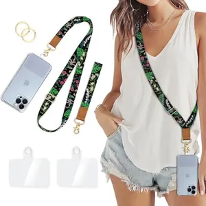 Piefly Phone Lanyard Crossbody Wrist Strap, Flower Cell Phone Lanyards for Around the Neck Wristlet Shoulder, Adjustable Floral Strap for Car Keys Keychain Wallet ID Badge Black