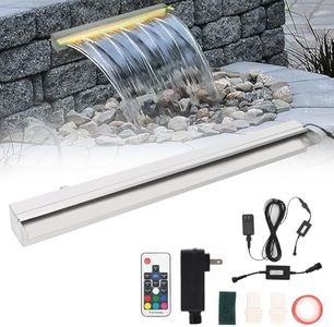 Garveelife 23.6"*4.7"*3.2" Stainless Steel Pool Fountain, Waterfall Feature with Led Strip Lighting, Rectangular Spillway for Outdoor Gardens, Premium Quality Led Pool Fountain with Remote Control