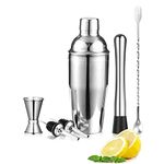 Hutomwua Cocktail Shaker Set, 6 Piece, Stainless Steel Bar Set with Measuring Jigger, 2 Liquor Pourers, Mixing Spoon, Cocktail Muddler, Martini Shaker and Recipe Guide - Drink Shaker(550ML)