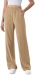 ODODOS Chiffon Flowy Wide Leg Pants for Women Lightweight High Waist Pull-On Pants with Pockets, 27" Inseam, Khaki, Small