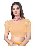 Shreeji Designer Round Neck Cotton Lycra and Net Fabric Fully Stretchable Baloon Sleeve Designer Readymade Blouse for Women (Cream, Over Size : 42 to 46)