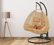 Hindoro Rattan Wicker Wrought Iron Two Seater Swing Chair With Powder Coated Stand & Cushion & Hook || Double Hammock Swing Adults & Kids || Garden (King, Beige, 127 Cm, 127 Cm, 203 Cm)