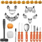 RUNHUAPPY Halloween Pumpkin Carving Set, 20Pcs Complete Pumpkin Carving Tools Included 10Pcs Pumpkin Face Shape Stencils, 7Pcs Pumpkin Carving Kits, 1 Mini Hammer, 1 Candle Mold, 1 Marker Pen etc.