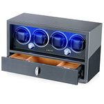 Watch Winder for Automatic Watch, 【Ultra-Quiet Japanese Motor】Watch Winder with Storage Drawer, Built-in Blue Illumination,Carbon Fiber, AC Adapter Charge