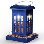 MrCrafts Solar Bird Feeders for Outdoors Hanging, Solar Lantern and Phone Booth Design, Unique Gift for Family, Durable and Watertight Metal Wild Bird Feeder House for Cardinals, Chickadees etc(Blue)