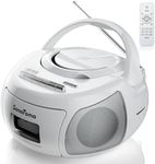 CD Cassette Player Combo, Battery Operated Bluetooth Boombox, CD Cassette USB MP3 AM/FM Radio, Headphone Jack, Retro Music Player with Recording Function (White)