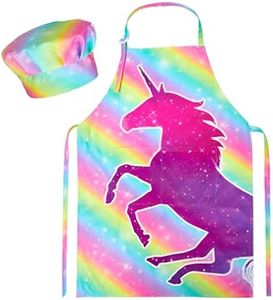 MHJY Kids Apron and Chef Hat Set, Child Aprons for Cooking Baking Painting Cute Toddler Girls Apron with Pockets 3-12 Years