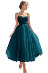 WPPUPP Tea-Length Tulle Prom Dress Sweetheart Spaghetti Straps Formal Evening Dress Ruffle a-Line Prom Party Gown with Pocket, Teal, 6