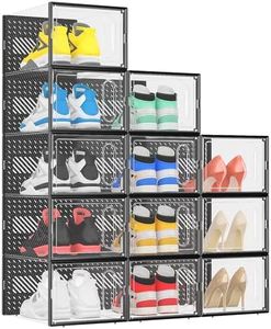 eWonLife X-Large Shoe Organizer - 7.12” Extra Height & Magnetic Door, 12-Pack Clear Plastic Stackable Sneaker Storage Box, Shoe Containers for Closet, Entryway, Shoe Rack, Fit up to Size 12, Black