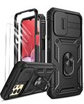 LeYi for Samsung A13 Phone Case with Camera Cover Slider, (2 Pack HD Screen Protector) 360° Full Body Protective Shockproof Heavy Duty Cover with Ring Stand for Galaxy A13 4G Black