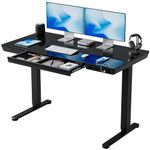 FEZIBO 48x24 Inch Height Adjustable Electric Standing Desk with Drawer, Whole-Piece Tempered Glass Black Tabletop, Built-in USB Charging Port and Memory Controller