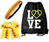 Kenz Laurenz Softball Headband Set - Leather Seamed Headbands Yellow Red Stitching, Softball Post Earrings, Softball Titanium Necklace, Softball Bow Hair Ties (Softball Set Bag Headband Bow)