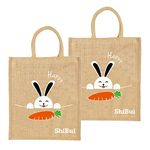 SHIBUI Eco Reusable Print Jute Cloth Carry Lunch Tiffin Bag with Zip Reinforced Handle for Men Women, Multicolour (Happy,2)