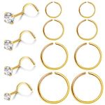 FIOROYAL 12 Pcs G23 Titanium Nose Ring Nose Stud Set for Women Men 20G Screw Shaped Nose Studs Septum Piercing Helix Tragus Piercing CZ Nose Piercing Jewelry Gold