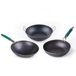 The Indus Valley Pre-Seasoned Iron Cookware Set Wok (10inch) | Fry Pan (10inch) | Kadai (10inch) | Kitchen Cooking Combo Pots and Pans Set of 3Pcs | Naturally Nonstick