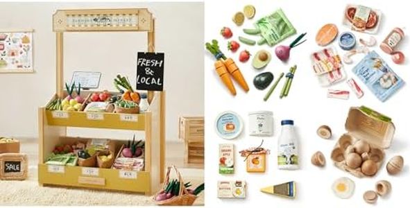 Tiny Land Wooden Play Store & Organic Wooden Food Bundle – Montessori Pretend Grocery & Kitchen Toy Set with 26+ Wooden Fruits, Veggies, Meat, Dairy & Eggs, Cash Register & Chalkboard for Toddlers Age