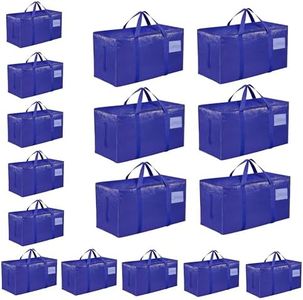 16 Pack-Extra Large Heavy Duty Moving Bags - Waterproof Storage Totes with Handles & Zippers, Foldable for College Dorm, Storage (Blue)