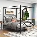 JURMERRY Queen Size Canopy Bed Frame with Metal Headboard and Footboard Modern Style Steel Bed Platform Heavy Duty Slats Bed, Black