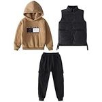 amropi Boy's Hoodie Tracksuit Set Pullover Sweatshirt Vest Top Jogging Pants 3 Pieces Sweatsuit Khaki Black, 11-12 Years