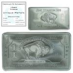 Titanium Bar w/COA - 1 oz One Troy Ounce .999 Pure Bullion Bar with Buffalo Design and Certificate of Authenticity