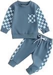 BeQeuewll Fall Winter Toddler Baby Boy Clothes 2Pcs Color Block Crewneck Sweatshirt and Pants Sweatsuit Little Boy Clothing, Checkboard Blue, 12-18 Months