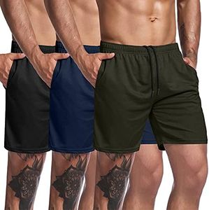 Coofandy Men's 3 Pack Gym Workout Shorts Mesh Weightlifting Squatting Pants Training Bodybuilding Jogger with Pocket, Black/Army Green/Navy Blue, Large