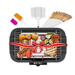 EVIZIA Barbeque Grill Electric Smokeless Indoor Outdoor Grill Portable Adjustable Temperature Control 2000W - Black (Stick_Net_Spatula & Oil Brush)