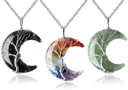 MAIBAOTA 3 Pcs Moon Necklaces Set Tree Life Wire Wrapped Crescent 7 Chakra Healing Crystal Black Obsidian Green Aventurine Stone Pendant Necklaces Natural Resin Reiki Gemstone Jewelry for Women