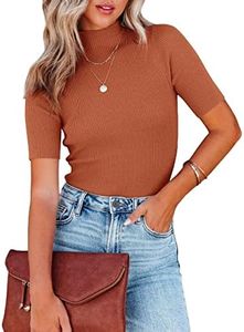 Lacozy High Neck Shirts for Women Mock Neck Half Sleeve Slim Fit Ribbed Knit Tee T-Shirts Caramel M