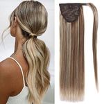 Real Hair Ponytail Extension Human Hair For Women Light Brown and Bleach Blonde Long Straight Remy Human Hair Ponytail Extension Wrap Around Clip in Ponytail Hair Extensions 14 inch,10/613