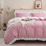 Loussiesd Ruffle Bedding Set, Super Soft Luxury Pink Washed Microfiber Comforter Cover Set, Shabby Chic Farmhouse Duvet Cover and Pillow Shams, Zipper Closure & Corner Ties Bedroom Decor 2Pcs King