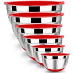 LIANYU Mixing Bowls with Airtight Lids Set of 6, Stainless Steel Nesting Mixing Bowl with Non-slip Bottom, Size 7, 3.5, 2.5, 2, 1.5, 1QT, Large Metal Bowls for Cooking, Baking, Food Storage, Red