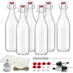 6 Pack [1 Liter / 33 fl. oz.] Swing Top Glass Bottles – Airtight Flip Top Brewing Bottles for Kombucha, Beer, Wine, Kefir, Soda, Liquor – Includes Funnel, 2 Pourers, 6+6 Seals, 6 Labels & Jute Twine