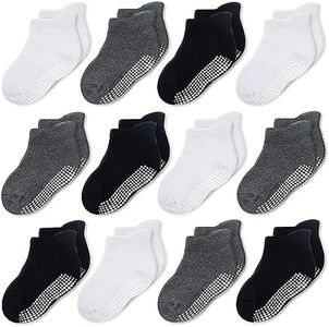 CozyWay Calzini Antiscivolo Stile Caviglia con Antiscivolo, Confezione da 12 per Neonati e Bambine, Nero Bianco Grigio Scuro, 6-12 Mesi