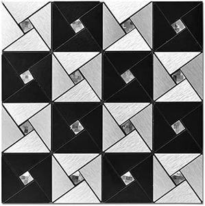 Art3d 10-Sheet Peel and Stick Backsplash Metal Mosaic Tiles for Kitchen Wall Decor, Stick on Aluminum Composite Tiles Stikers, Black&Silver Windmill Puzzle Glass Mixed