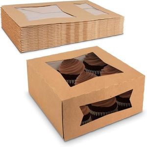 MT Products Brown Cupcake Boxes 9" x 9" x 4" - Auto Pop-Up Bakery Boxes with Windows (Pack of 150) - Made in the USA