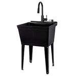 All Black Utility Sink with High Arc Black Kitchen Faucet By VETTA - Pull Down Sprayer Spout, Heavy Duty Slop Sinks for Washing Room, Basement, Garage, or Shop, Free Standing Laundry Tub Deep Plastic