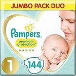 Pampers Baby Nappies Size 1 (2-5 kg / 4-11 lbs) Premium Protection,�(New Baby),�144 Count, JUMBO PACK DUO, Baby Essentials For Newborn