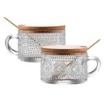 Hniuyun 2Pcs Vintage Coffee Mugs, 400Ml Glass Tea Cups with lids and Spoons, Clear Embossed Glass Cups for Cappuccino, Latte, Cereal, Yogurt, Milk, Christmas Thanksgiving Gifts