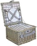 2 Person Grey Checked Fitted Wicker Willow Picnic Hamper Basket with Cooler Cutlery Plates