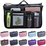 JJ PRIME - Multi-Compartment Handbag Insert | Expandable Liner Bag Pouch Zipper Closure | Tote Bag Organiser Insert with 13 Pockets and Handle for Easy Lifting (Travel, Cosmetics, Toiletries), Black