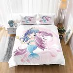 Mermaid Bedding Single Set Pink Girls Duvet Cover with 2 Pillowcases Unicorn Kids Bedding Sets Microfiber Quilt Cover Lovely Bedroom Accessories Ultra Soft Quilt Cover Zipper Closure, 140x200cm