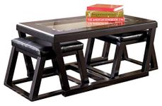 SIGNATURE DESIGN BY ASHLEY - Kelton Glass Top Coffee Table with 2 Stools - 3 Piece Set, Espresso Brown