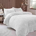 FAUX FUR SHAGGY Long Pile Face, Soft Touch Plush Fleece Reverse, Duvet Cover Set with Pillow Case Thermal Fluffy Winter Warm Cozy Cuddly Bedding Bed Set (White, King)